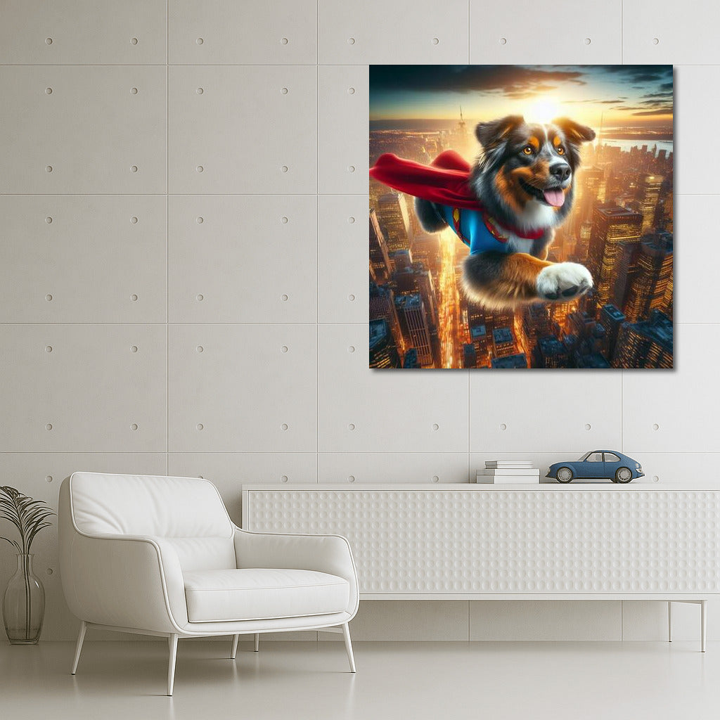 Superhero Flight: Australian Shepherd in a Cape Over the City