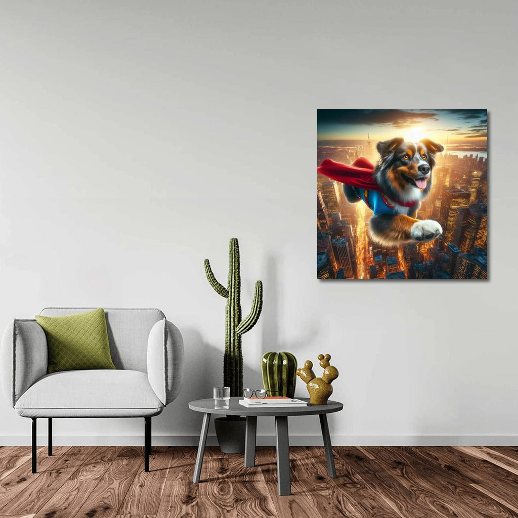 Superhero Flight: Australian Shepherd in a Cape Over the City