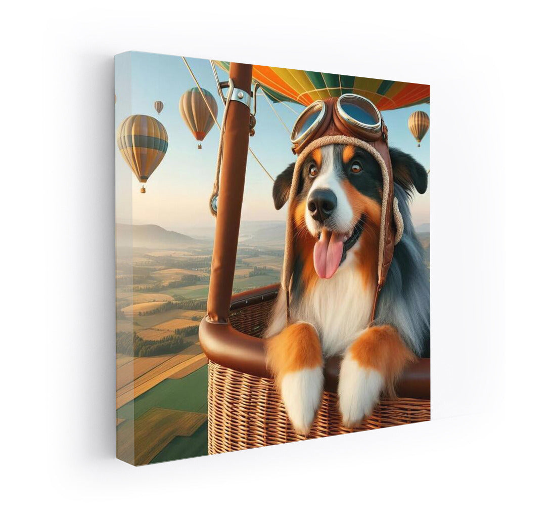 Australian Shepherd wearing retro helmet in hot air balloon above scenic landscape