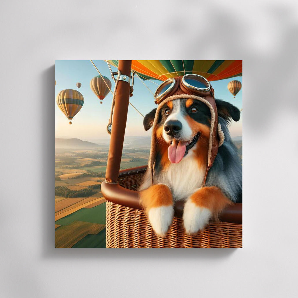 Australian Shepherd wearing retro helmet in hot air balloon above scenic landscape