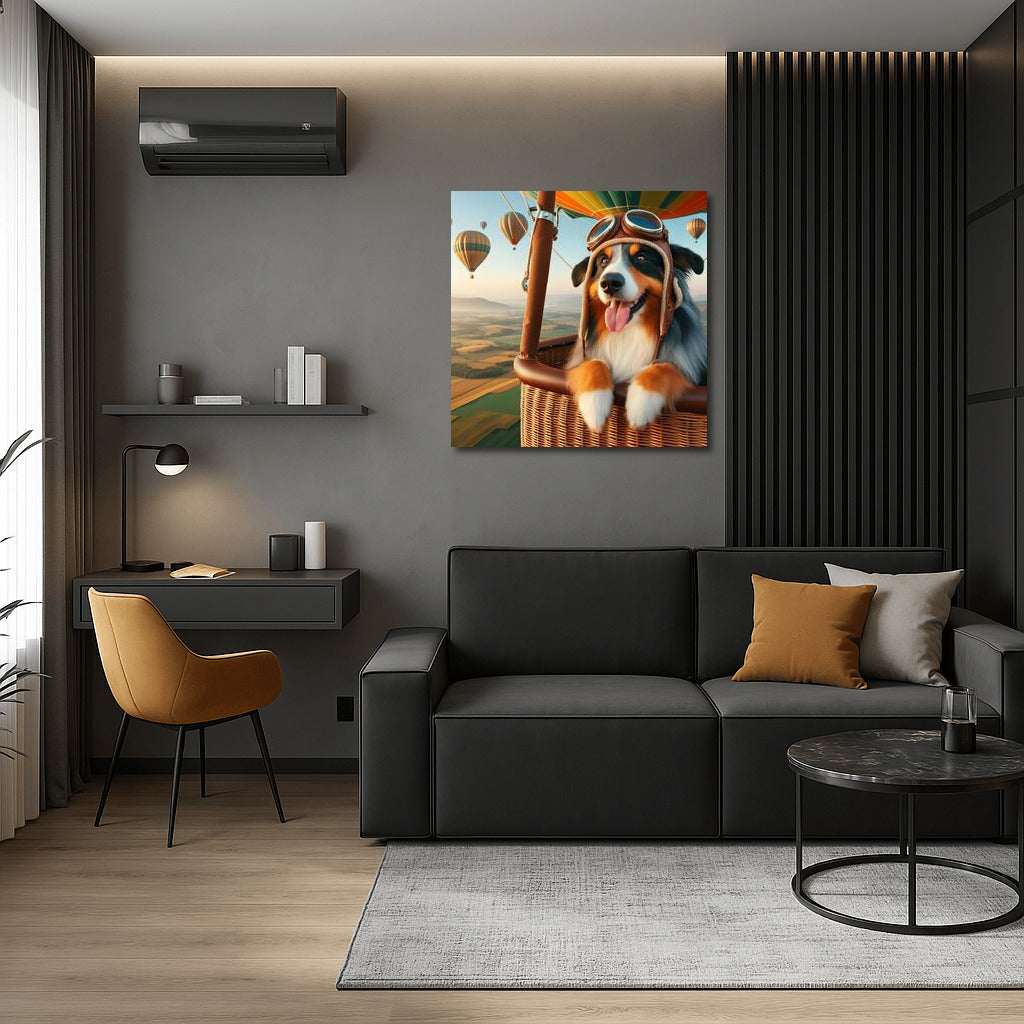 Australian Shepherd wearing retro helmet in hot air balloon above scenic landscape
