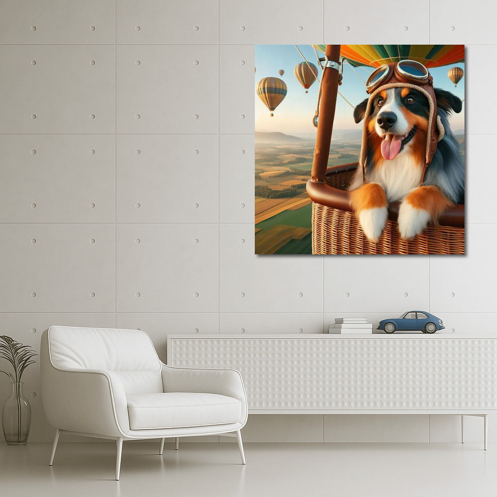 Australian Shepherd wearing retro helmet in hot air balloon above scenic landscape