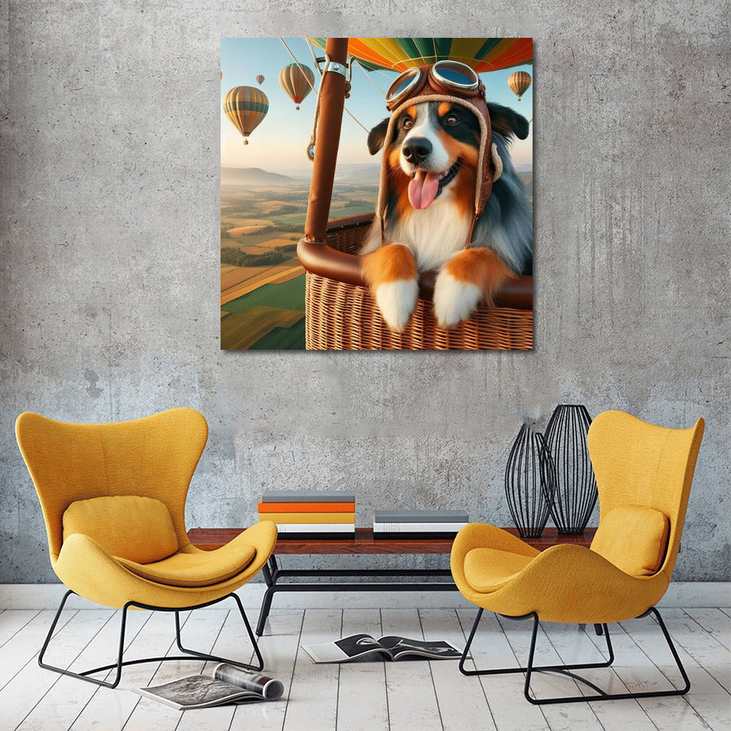 Australian Shepherd wearing retro helmet in hot air balloon above scenic landscape