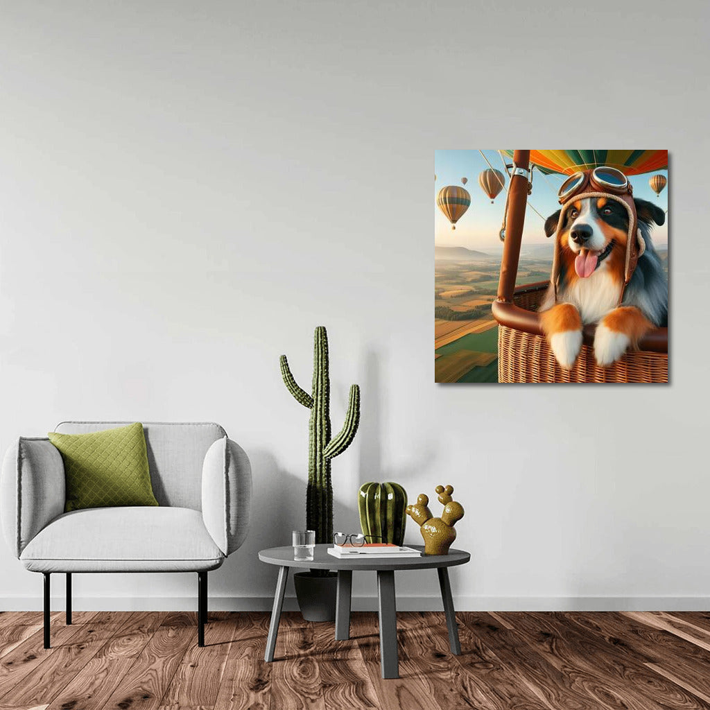 Australian Shepherd wearing retro helmet in hot air balloon above scenic landscape