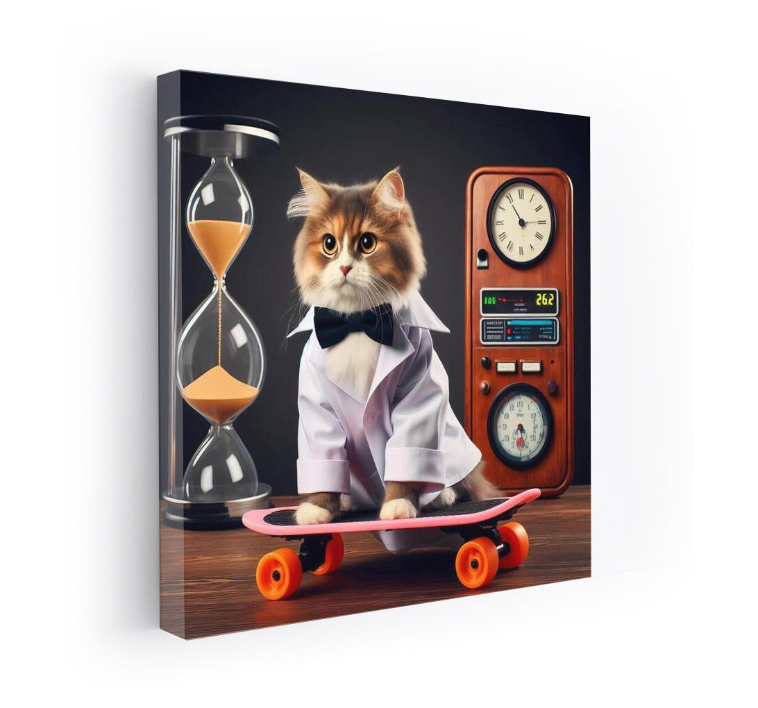 Back to the Future: Scientist Cat on a Hoverboard with a Time Machine