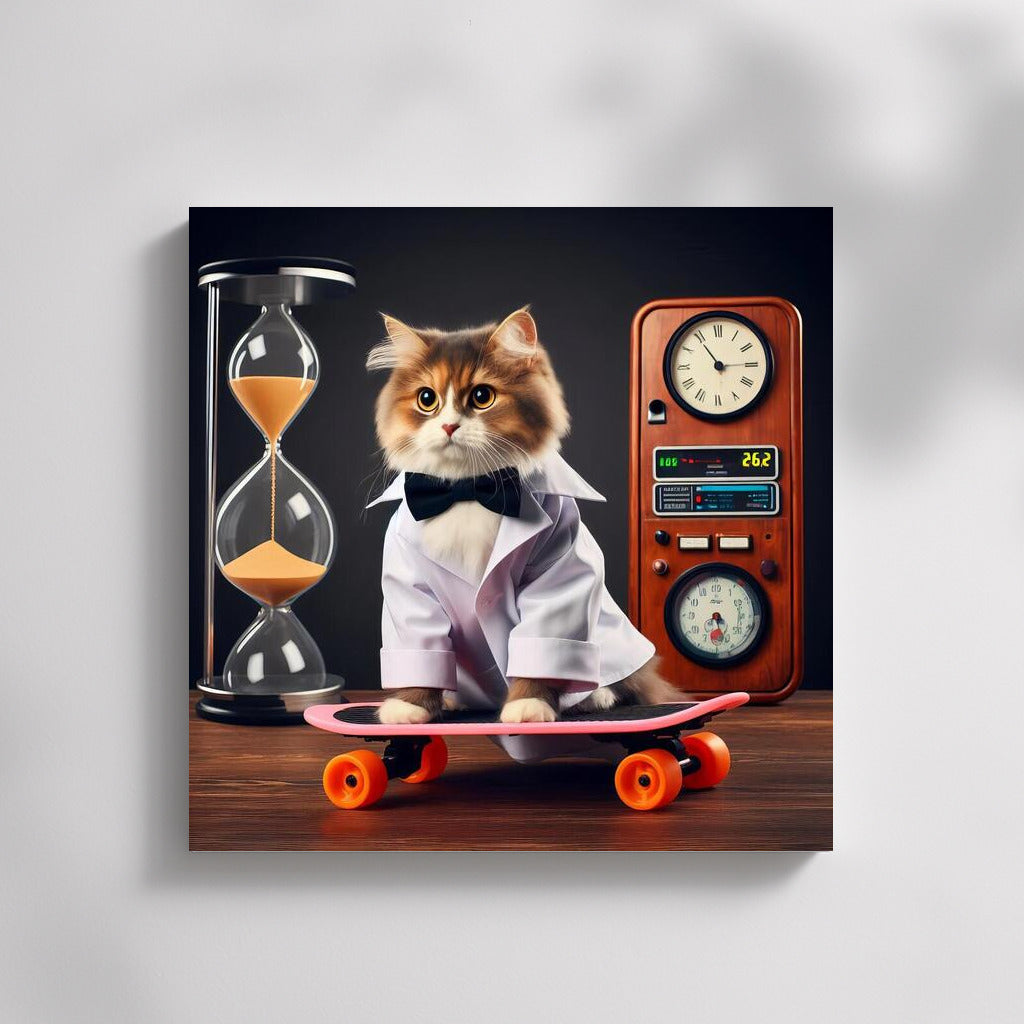 Back to the Future: Scientist Cat on a Hoverboard with a Time Machine