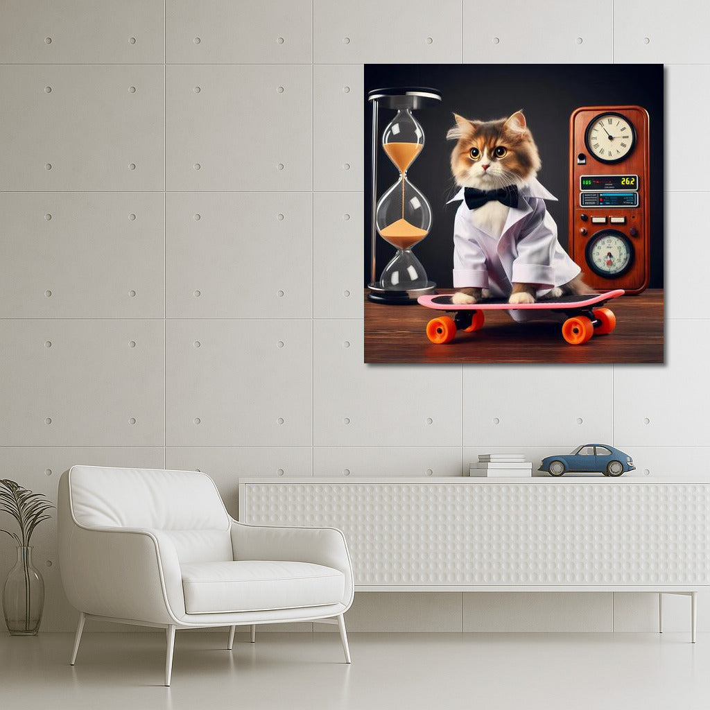 Back to the Future: Scientist Cat on a Hoverboard with a Time Machine