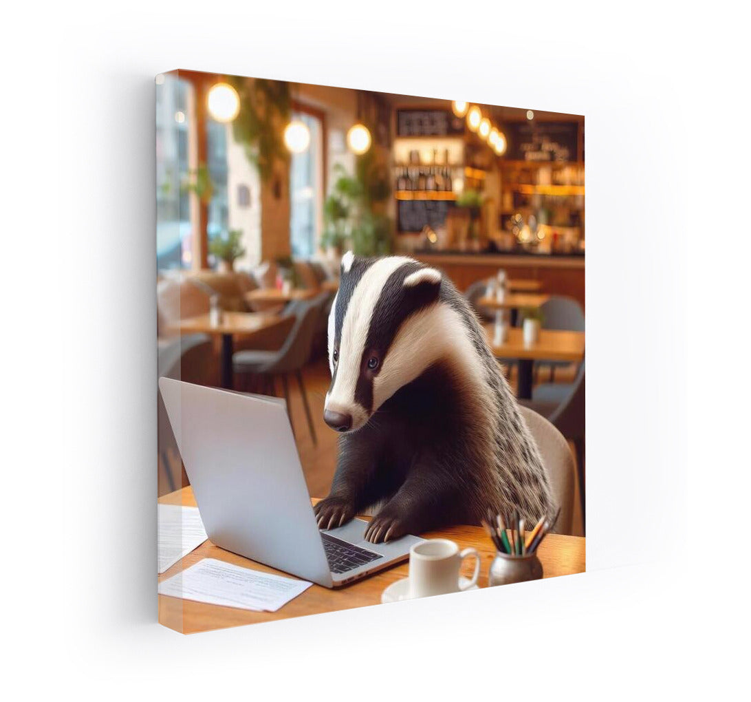 Badger at Work: Cozy Cafe and Laptop