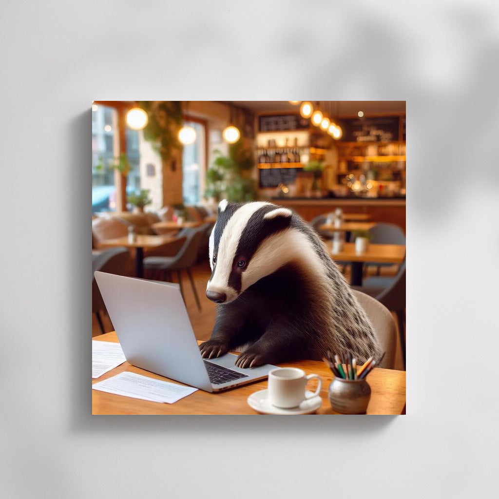 Badger at Work: Cozy Cafe and Laptop