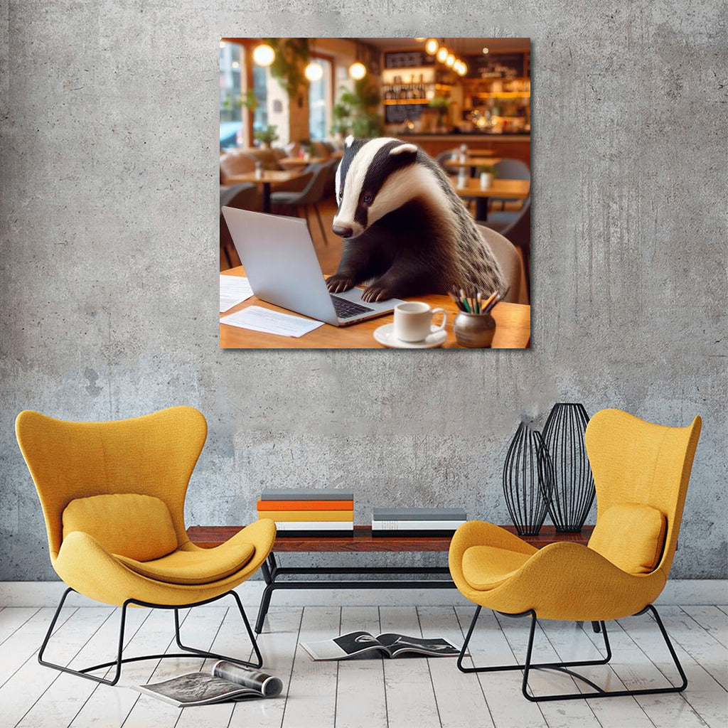 Badger at Work: Cozy Cafe and Laptop