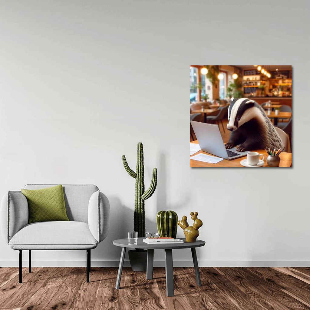 Badger at Work: Cozy Cafe and Laptop