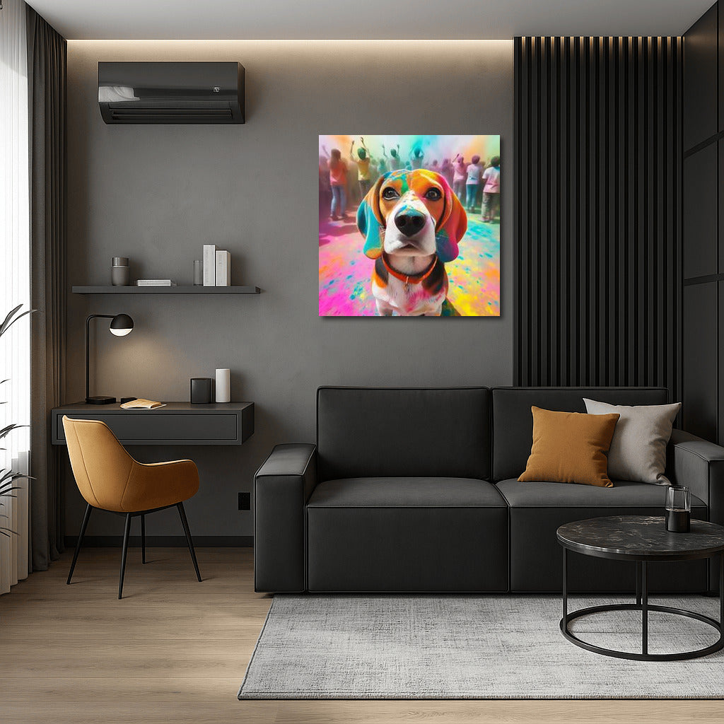 Beagle in a Vortex of Colours: Vibrant Holi Festival