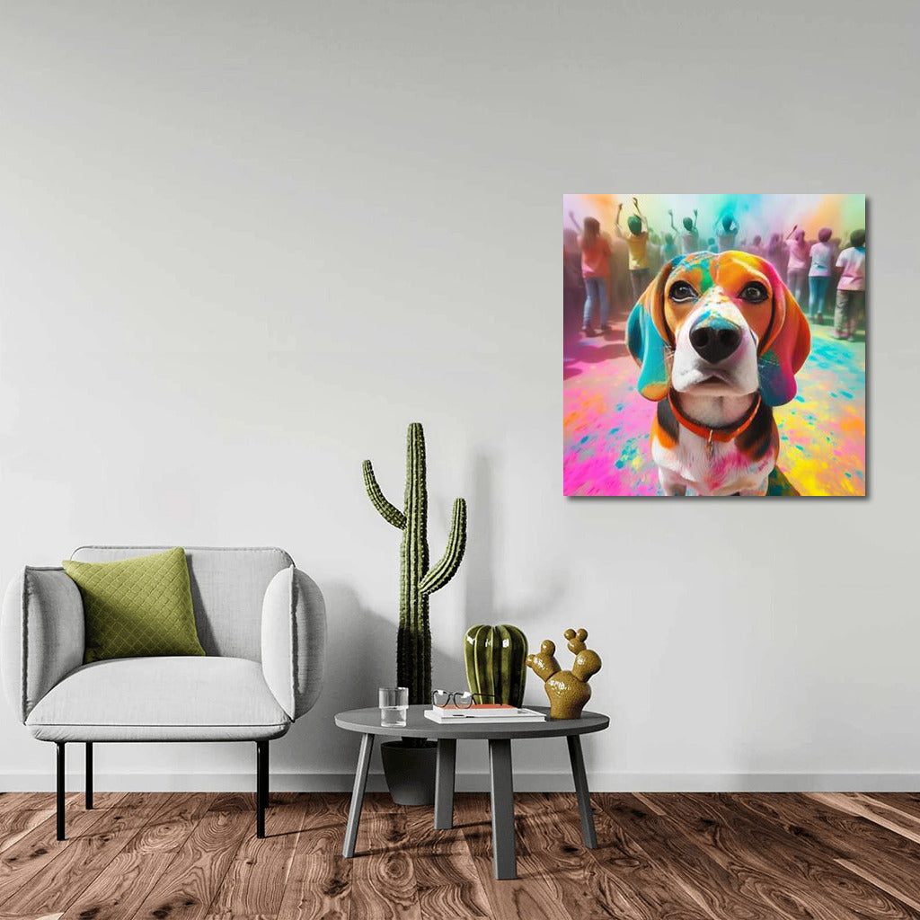 Beagle in a Vortex of Colours: Vibrant Holi Festival