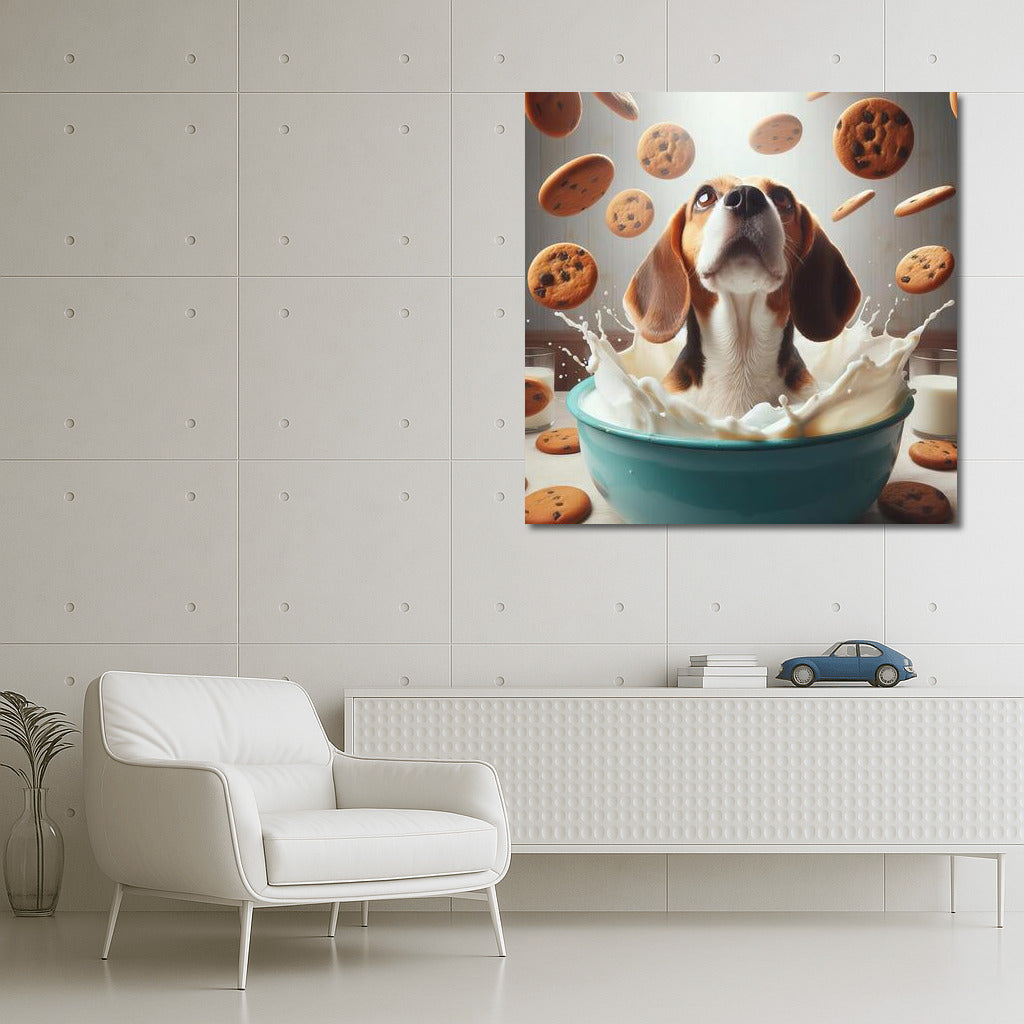 Beagle in the Milky Ocean with Flying Cookies