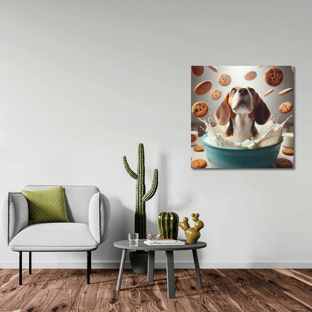 Beagle in the Milky Ocean with Flying Cookies