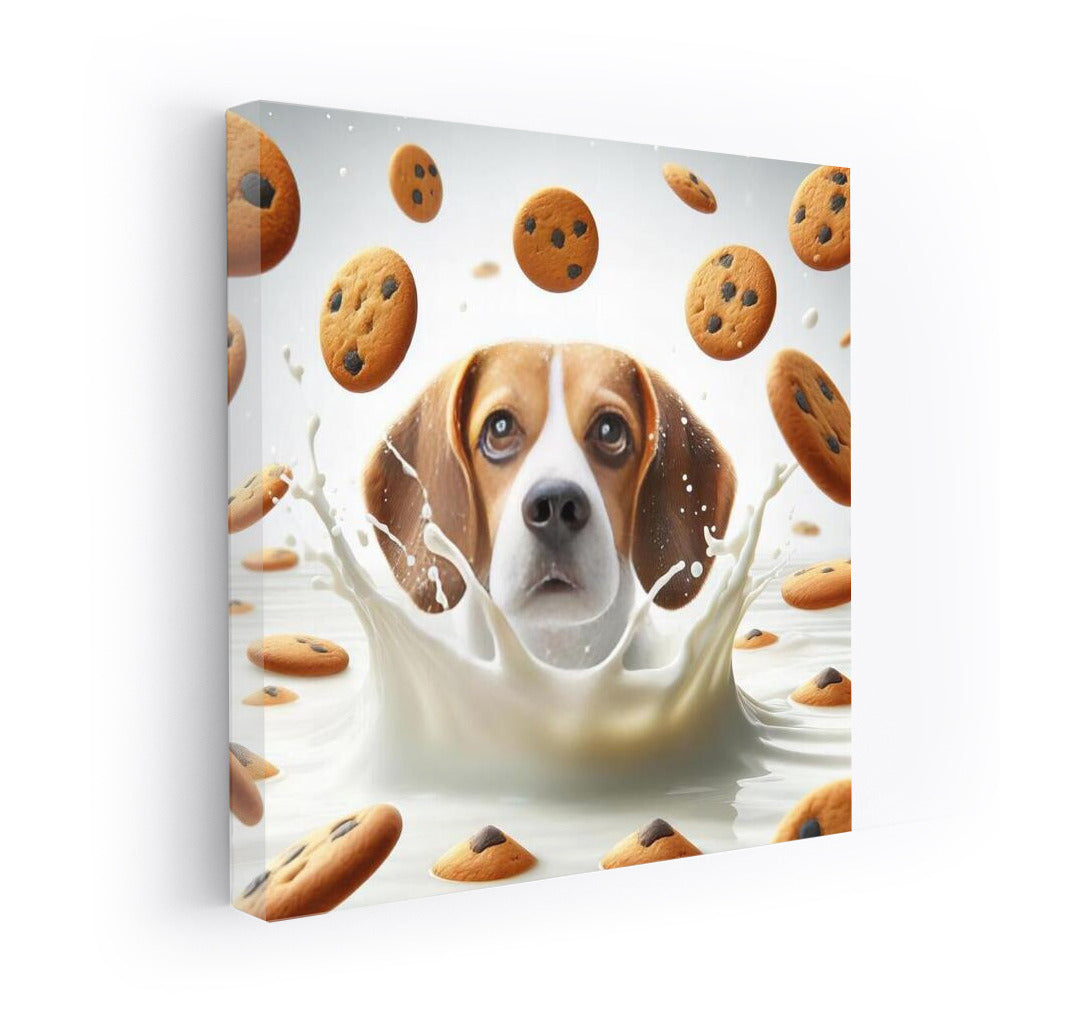 Beagle in a Milk Vortex with Flying Cookies