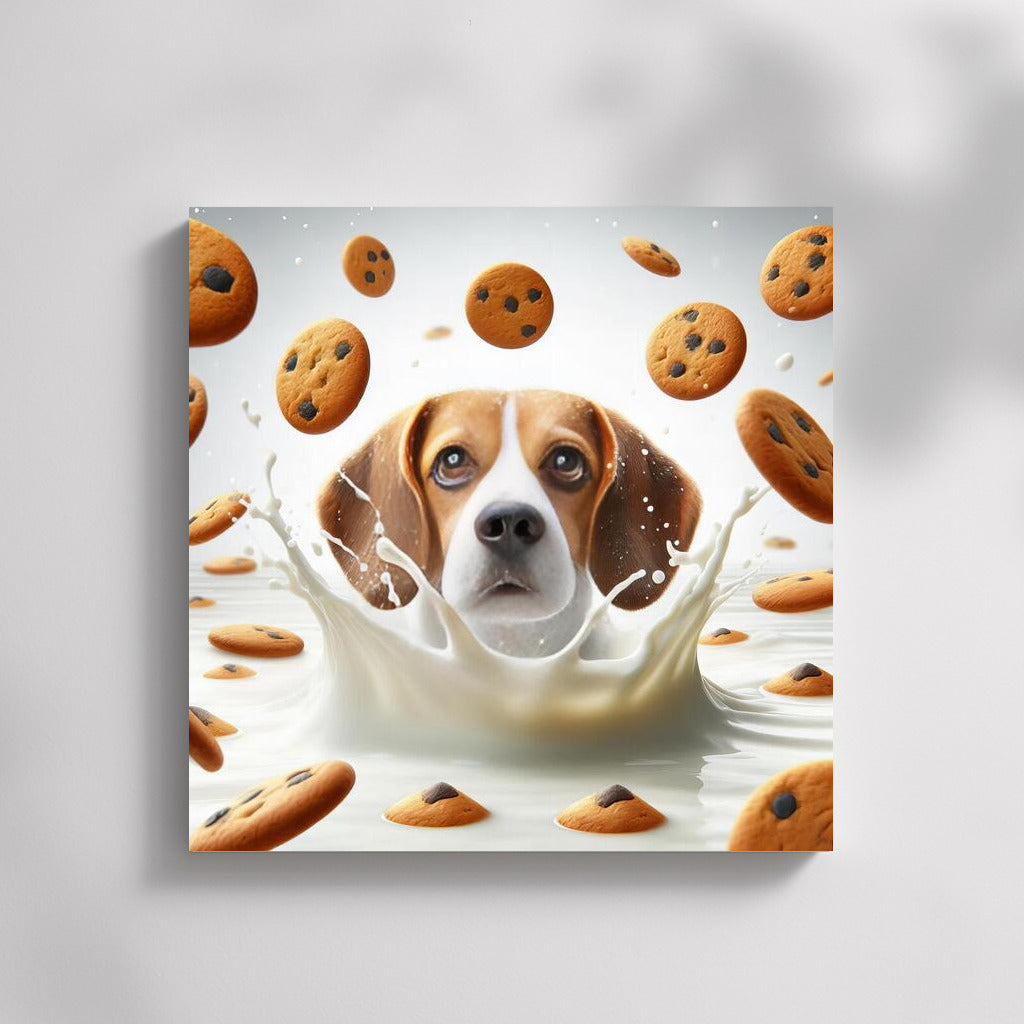 Beagle in a Milk Vortex with Flying Cookies