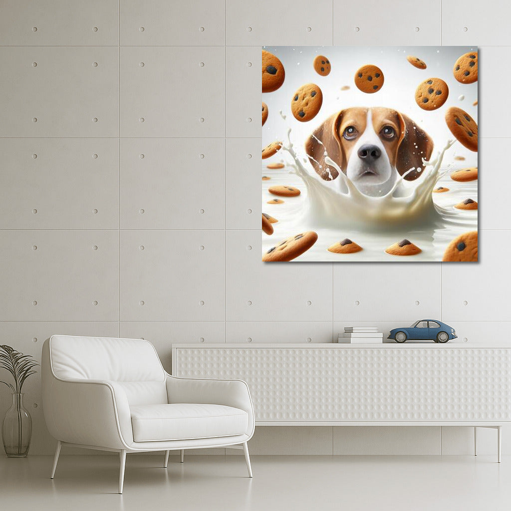 Beagle in a Milk Vortex with Flying Cookies