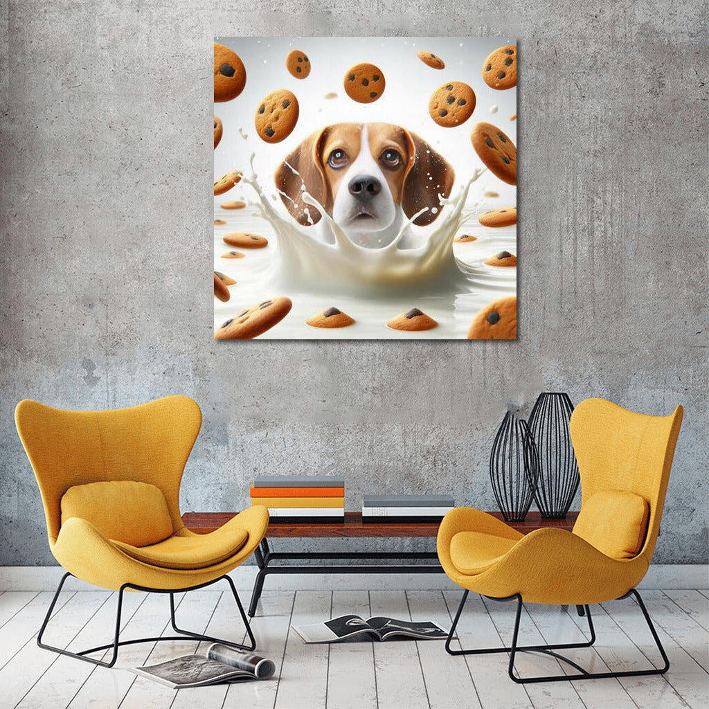 Beagle in a Milk Vortex with Flying Cookies