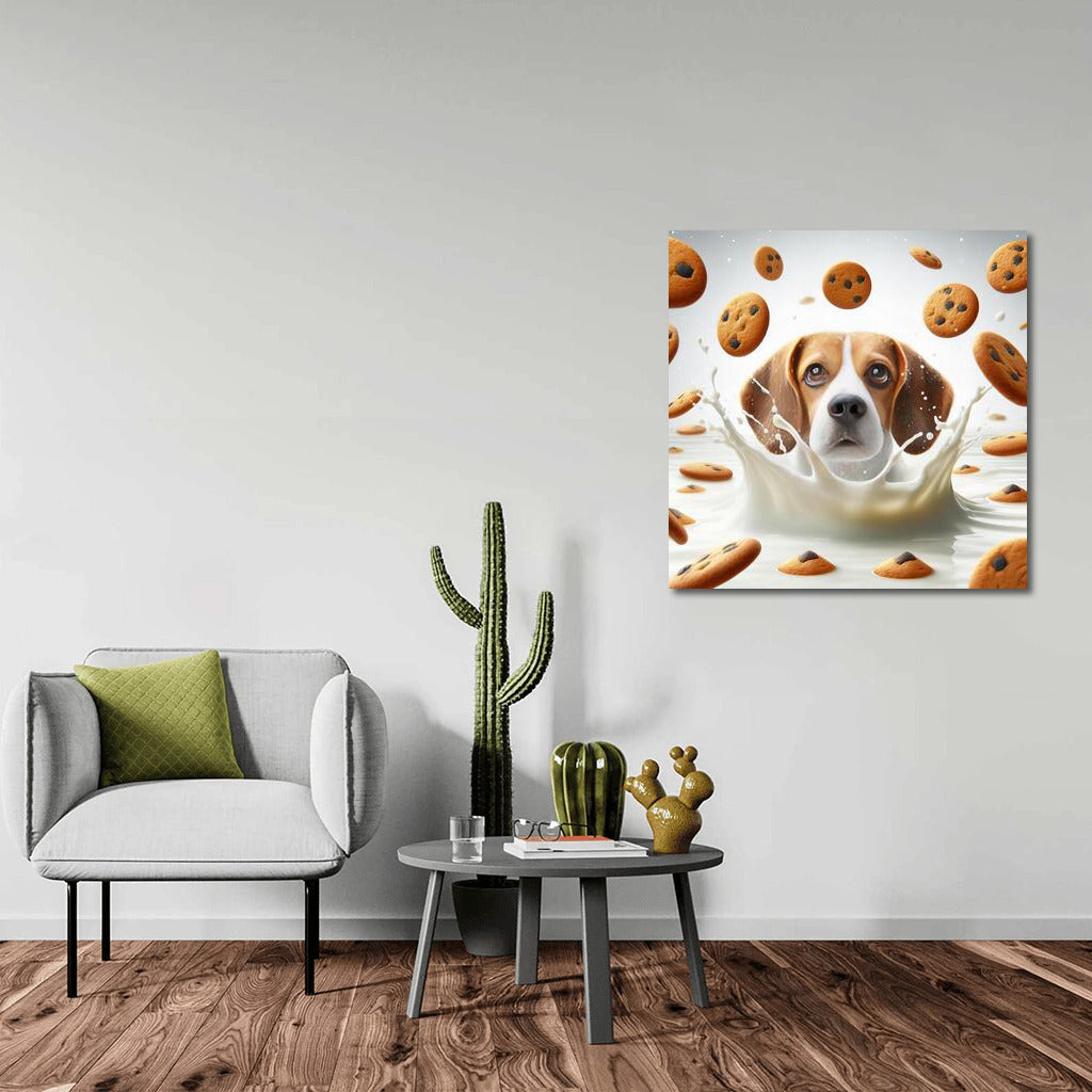 Beagle in a Milk Vortex with Flying Cookies