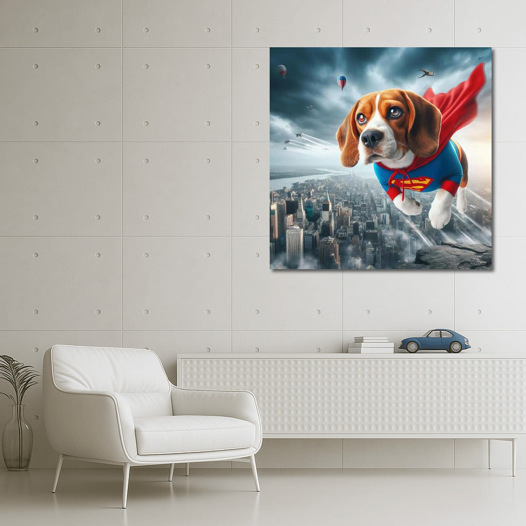 Beagle Superhero: Flight Over the City