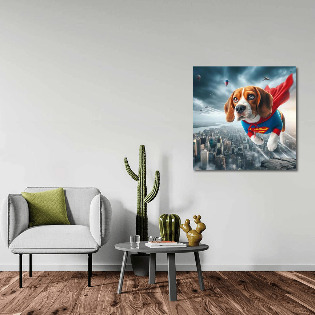 Beagle Superhero: Flight Over the City