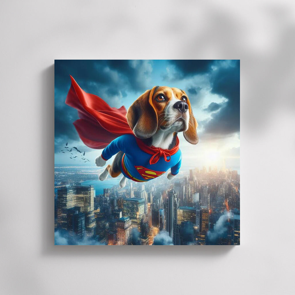 Beagle Superhero: Flight Over the City