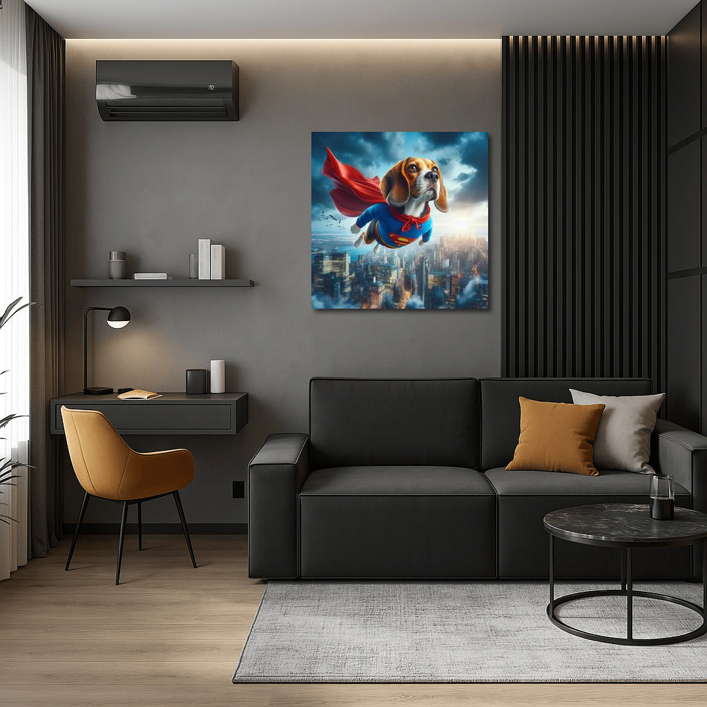 Beagle Superhero: Flight Over the City