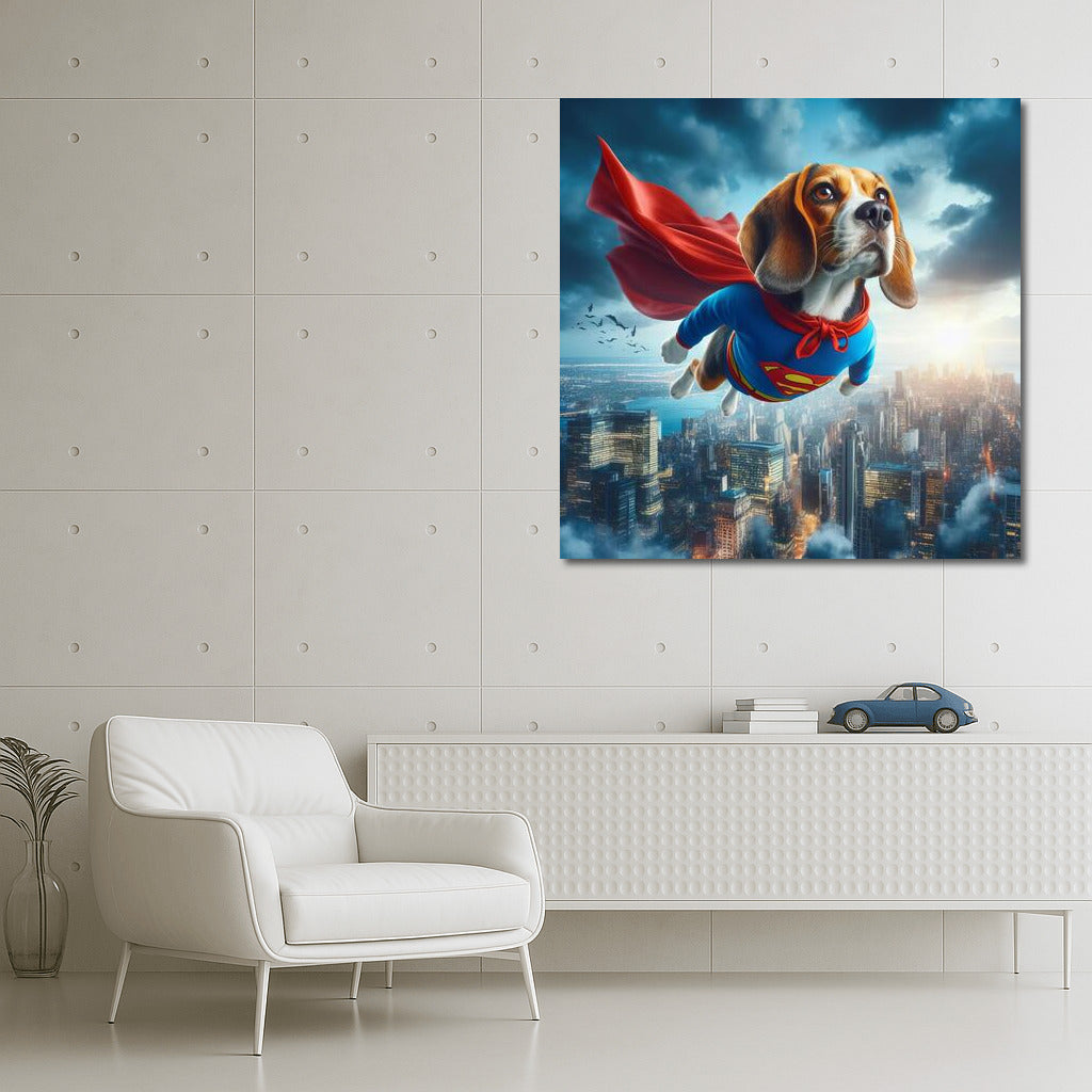 Beagle Superhero: Flight Over the City