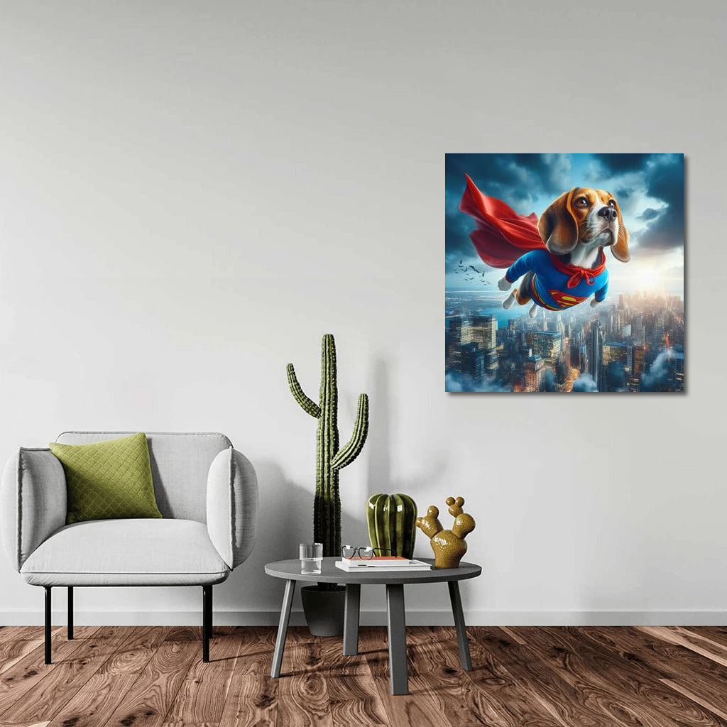 Beagle Superhero: Flight Over the City