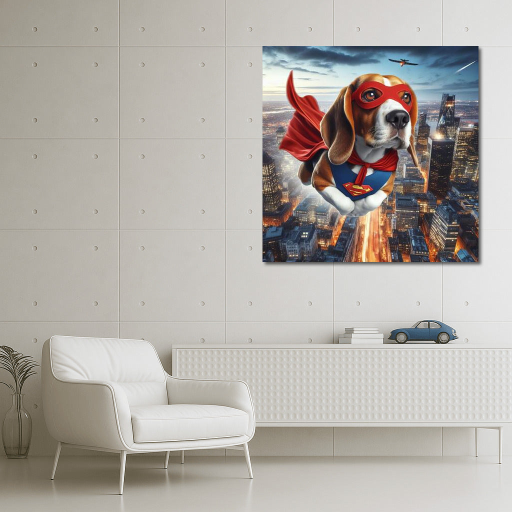 Beagle Superhero: Flight Over the City