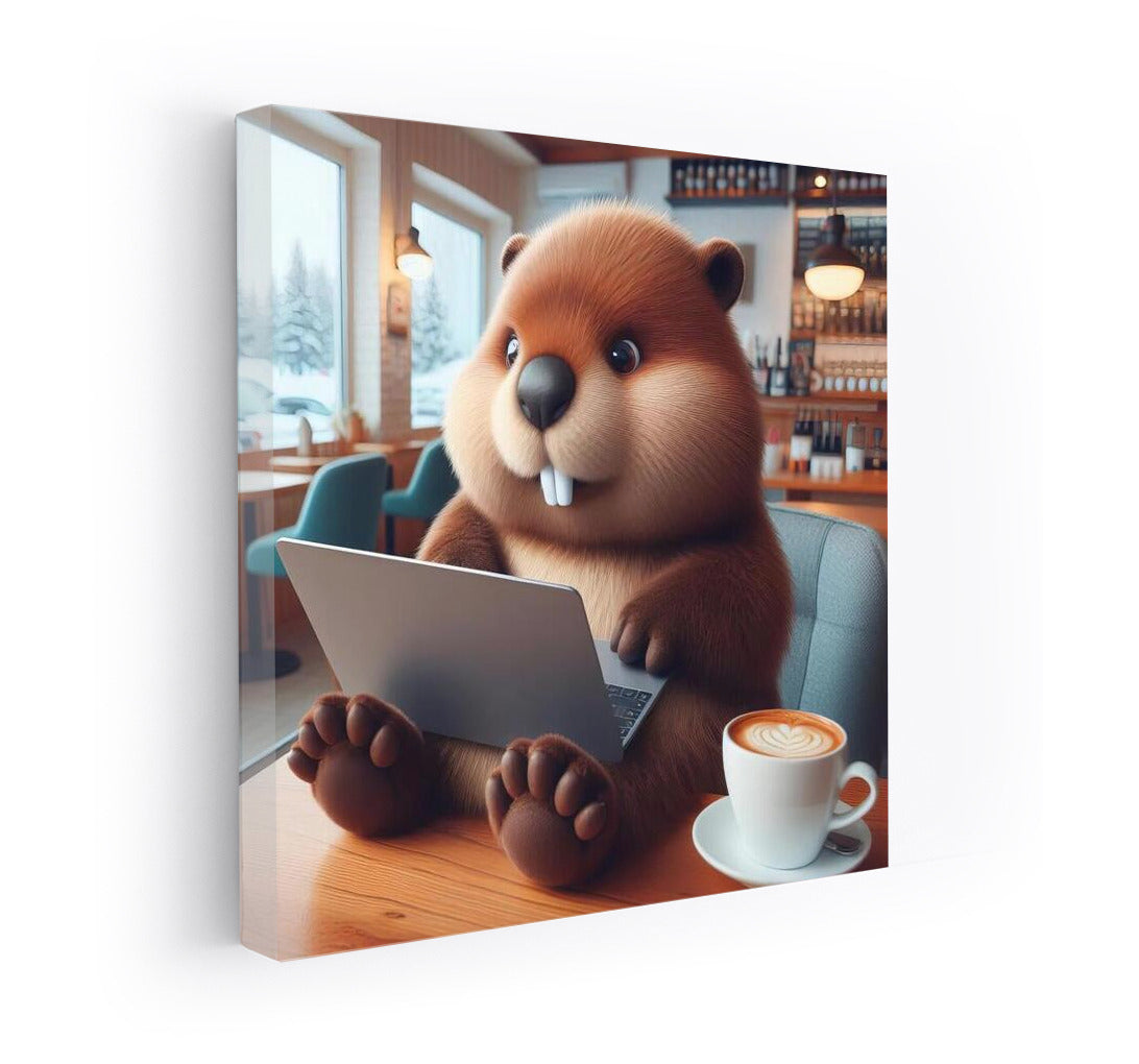 Creative Cafe: Beaver with a Laptop in a Cozy Corner