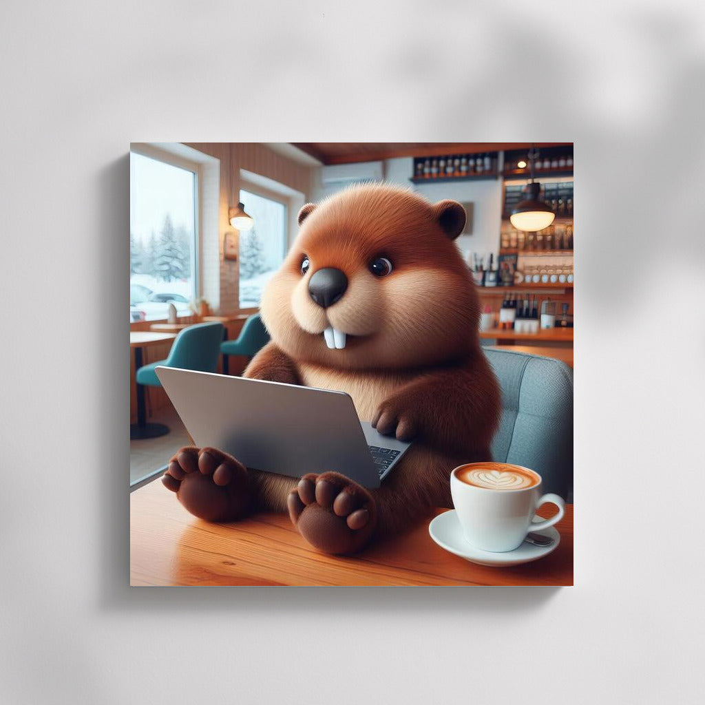 Creative Cafe: Beaver with a Laptop in a Cozy Corner