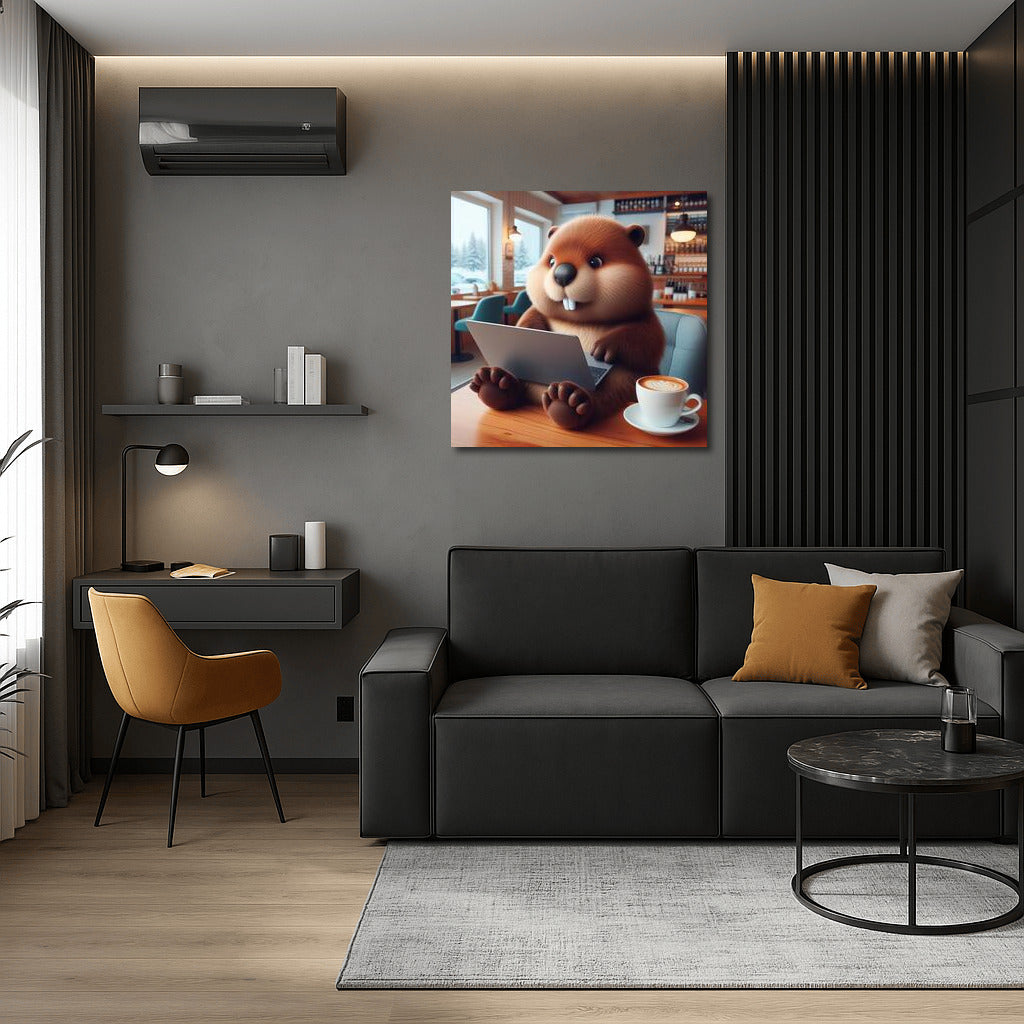 Creative Cafe: Beaver with a Laptop in a Cozy Corner