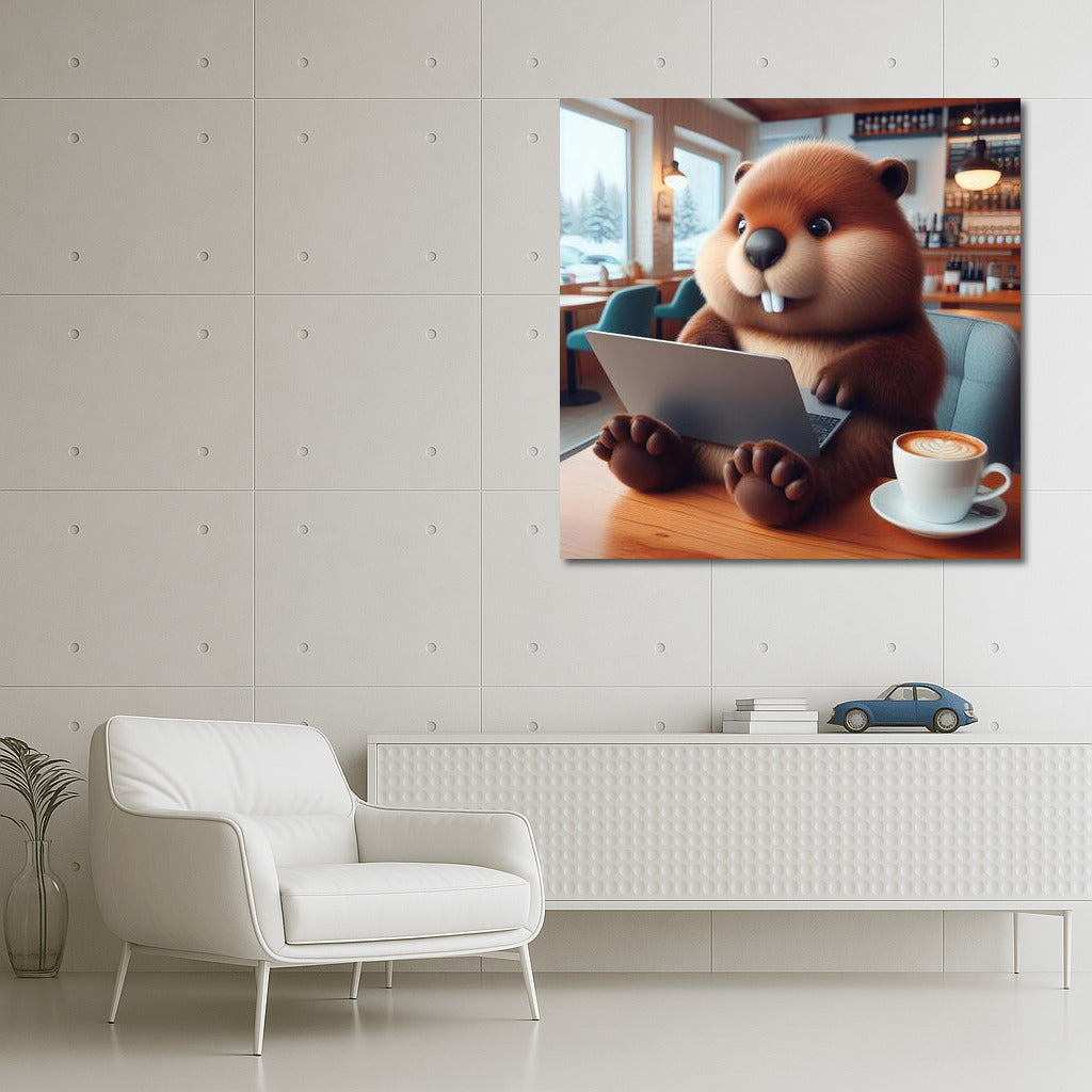 Creative Cafe: Beaver with a Laptop in a Cozy Corner