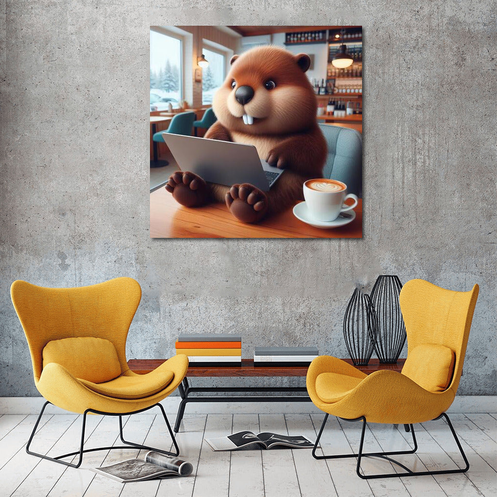 Creative Cafe: Beaver with a Laptop in a Cozy Corner