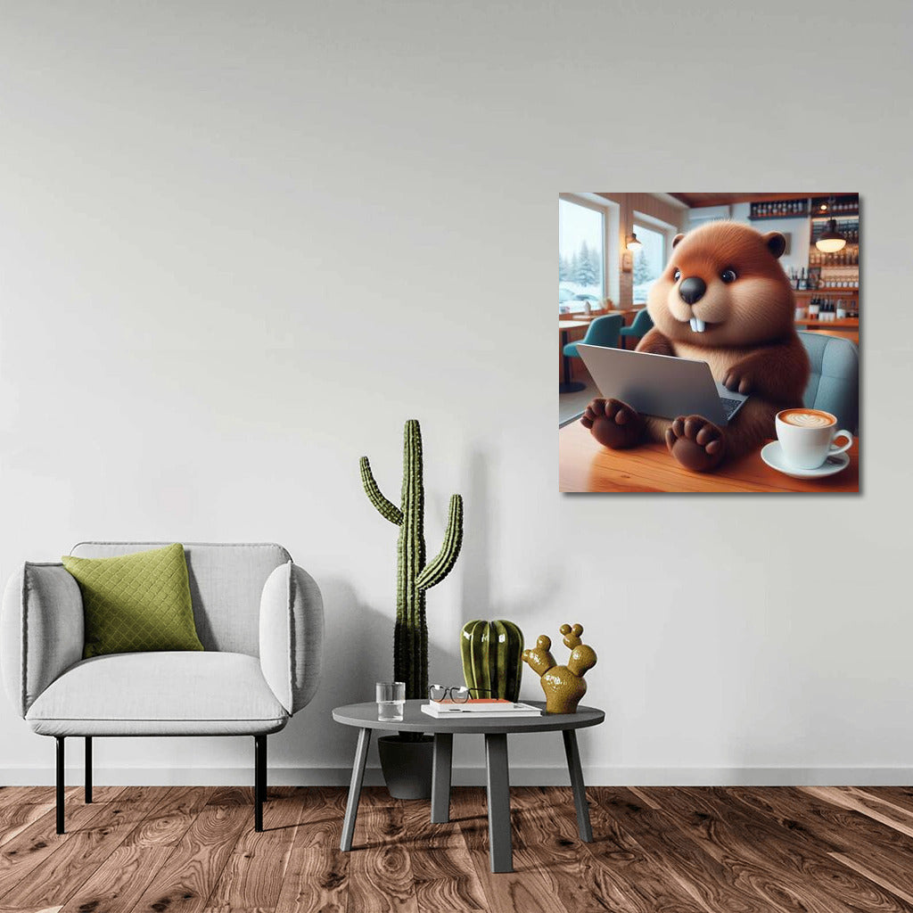Creative Cafe: Beaver with a Laptop in a Cozy Corner