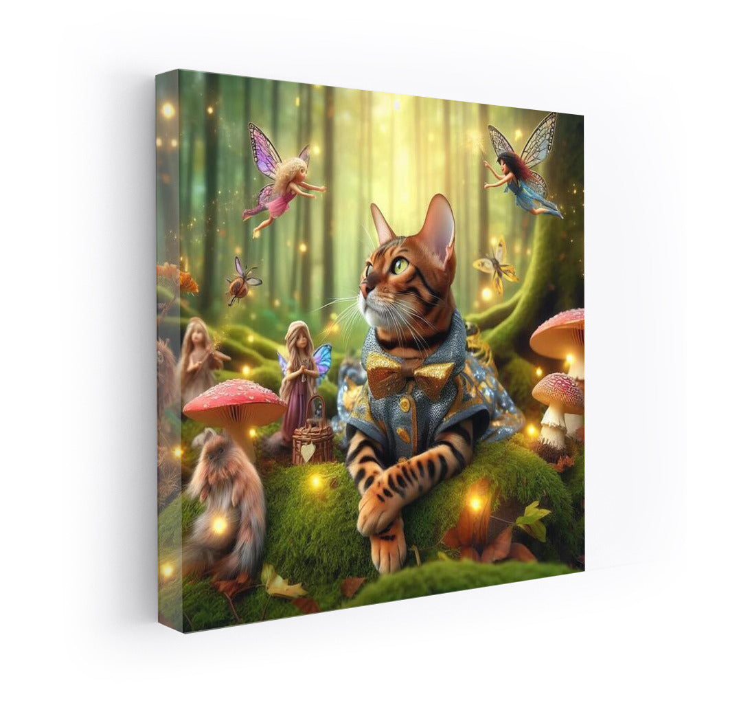 Bengal Cat in the Magic Forest: Fairytale Creatures and Mushrooms