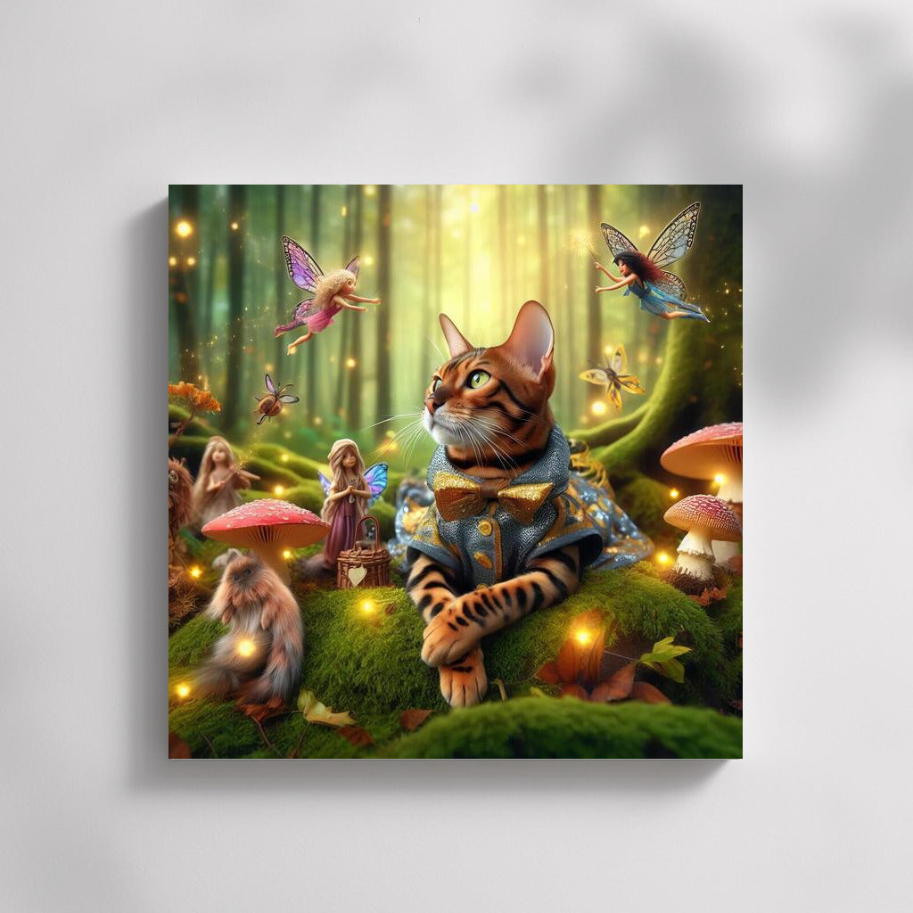 Bengal Cat in the Magic Forest: Fairytale Creatures and Mushrooms