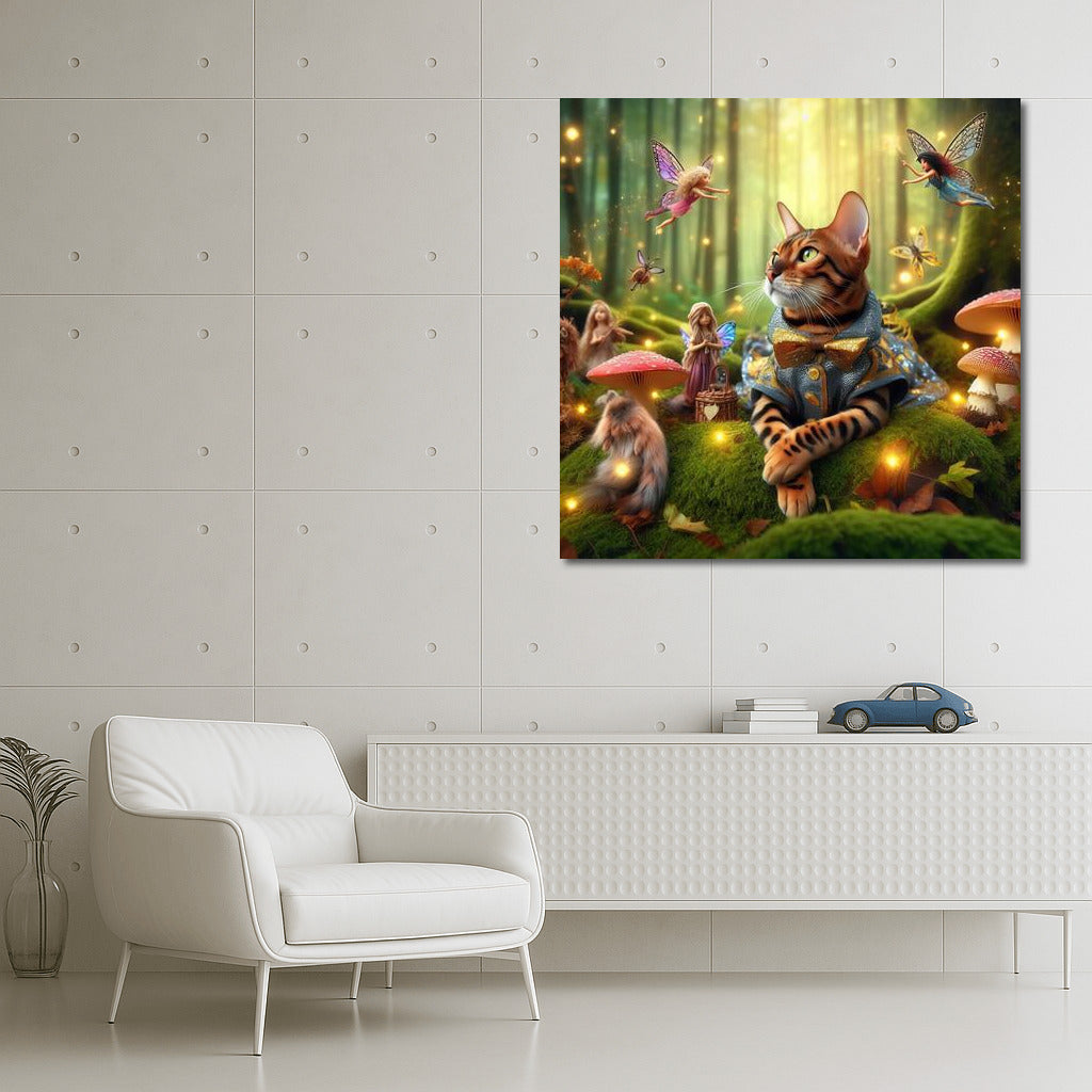 Bengal Cat in the Magic Forest: Fairytale Creatures and Mushrooms