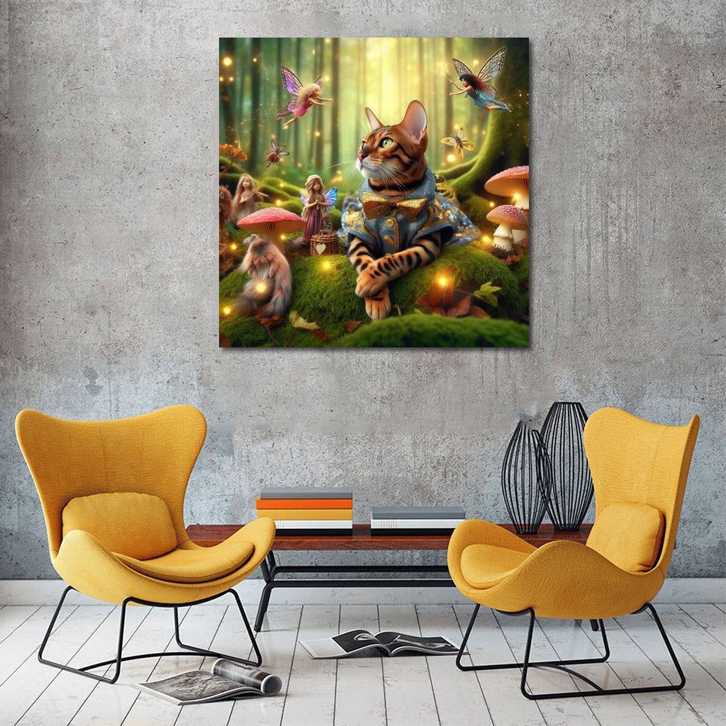 Bengal Cat in the Magic Forest: Fairytale Creatures and Mushrooms