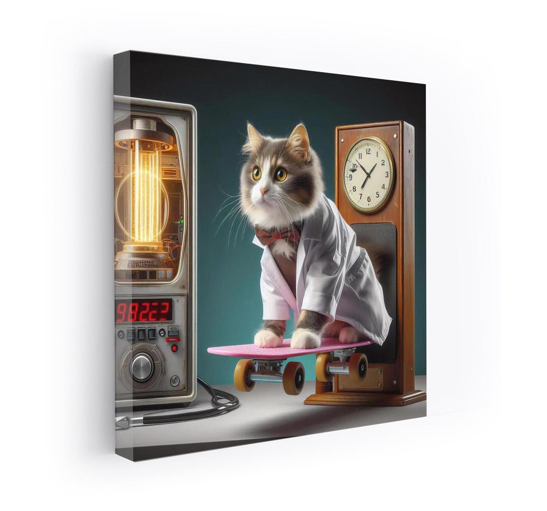 Bengal Scientist Cat On Flying Skateboard Near Time Machine: Back To The Future Inspiration