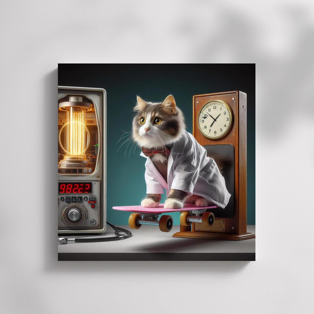Bengal Scientist Cat On Flying Skateboard Near Time Machine: Back To The Future Inspiration