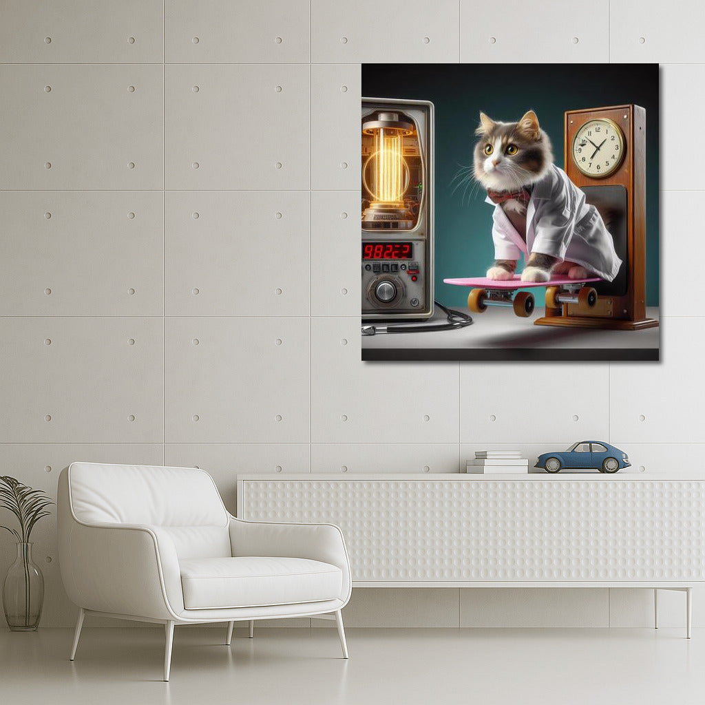 Bengal Scientist Cat On Flying Skateboard Near Time Machine: Back To The Future Inspiration
