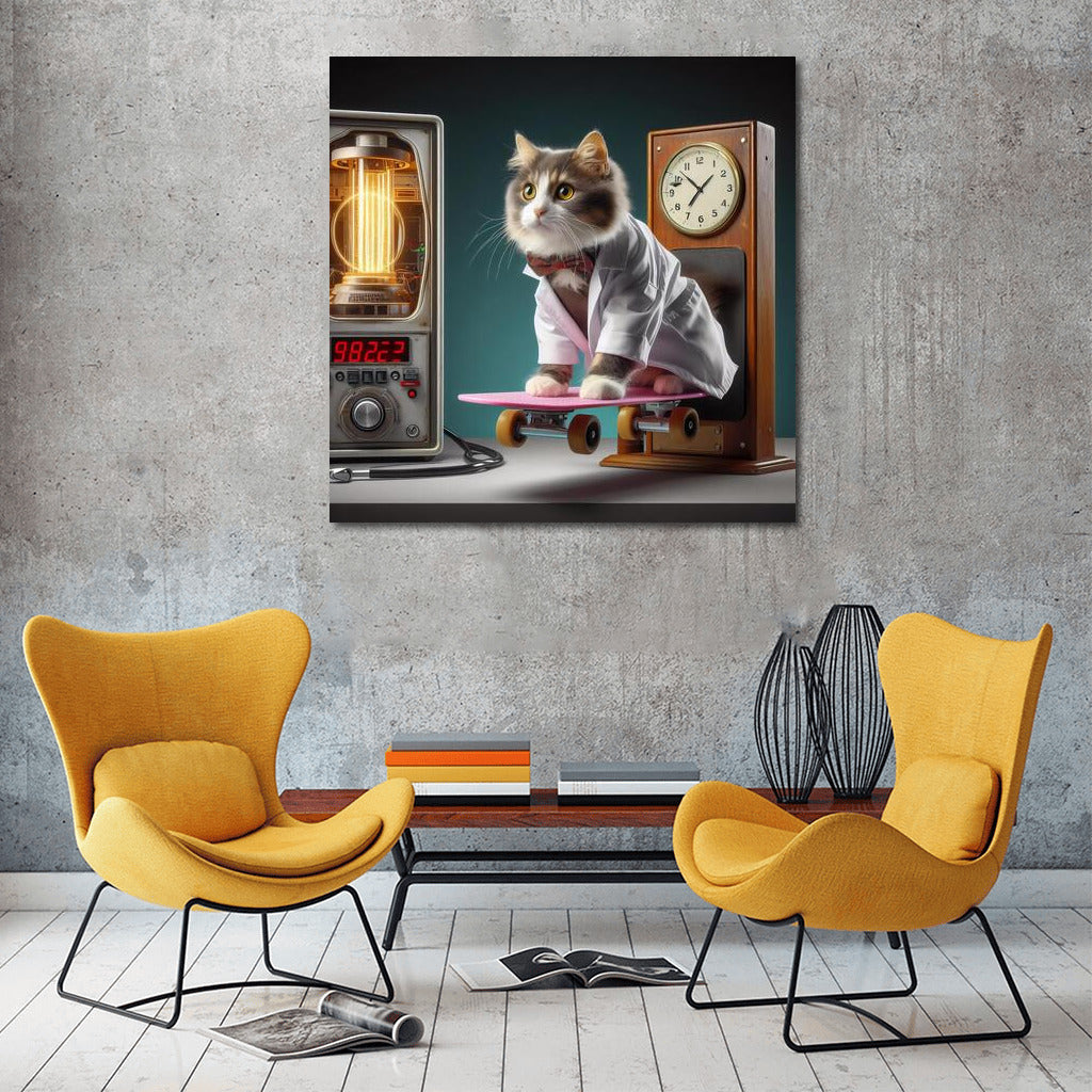 Bengal Scientist Cat On Flying Skateboard Near Time Machine: Back To The Future Inspiration