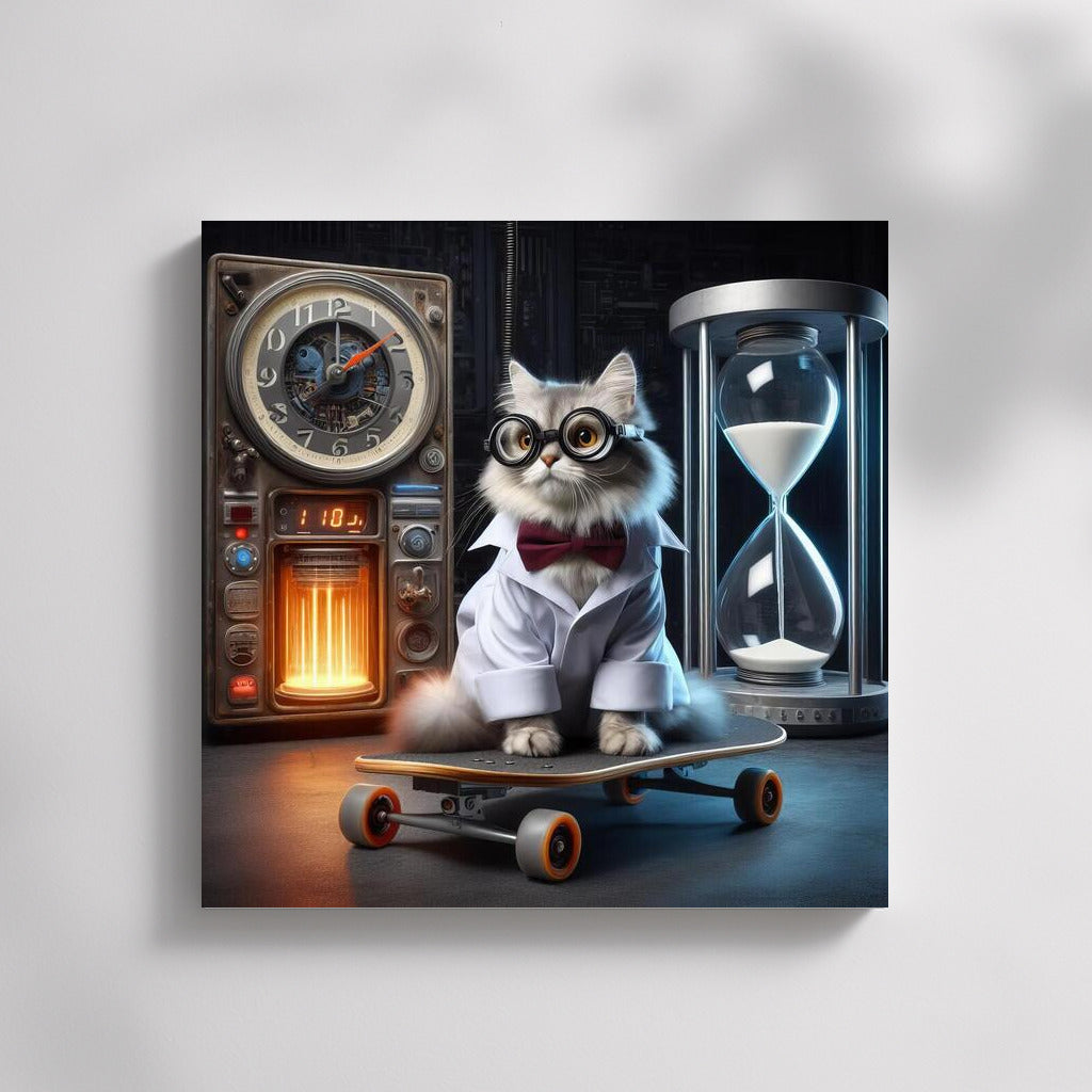 Bengal Scientist Cat on a Flying Board at the Time Machine