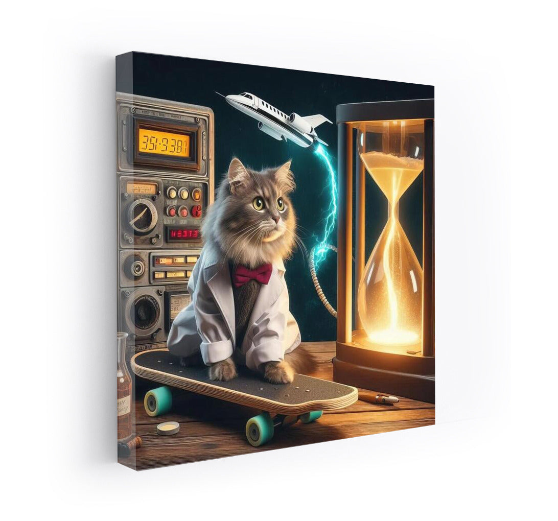 Bengal Scientist Cat on a Flying Skateboard at the Time Machine