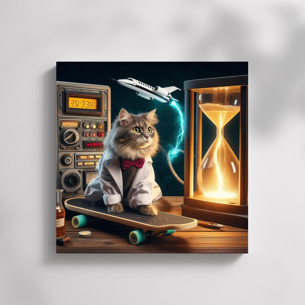 Bengal Scientist Cat on a Flying Skateboard at the Time Machine