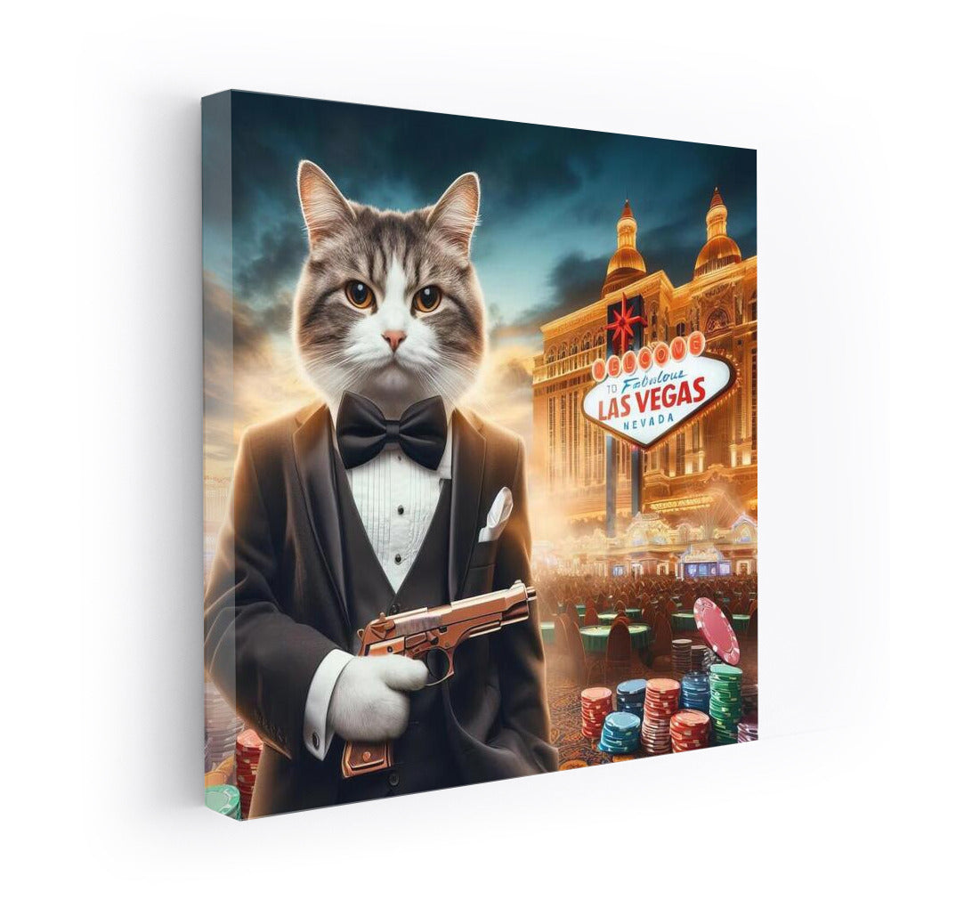 Bengal Agent 007: Cat in Tuxedo with Gun on Casino Backdrop