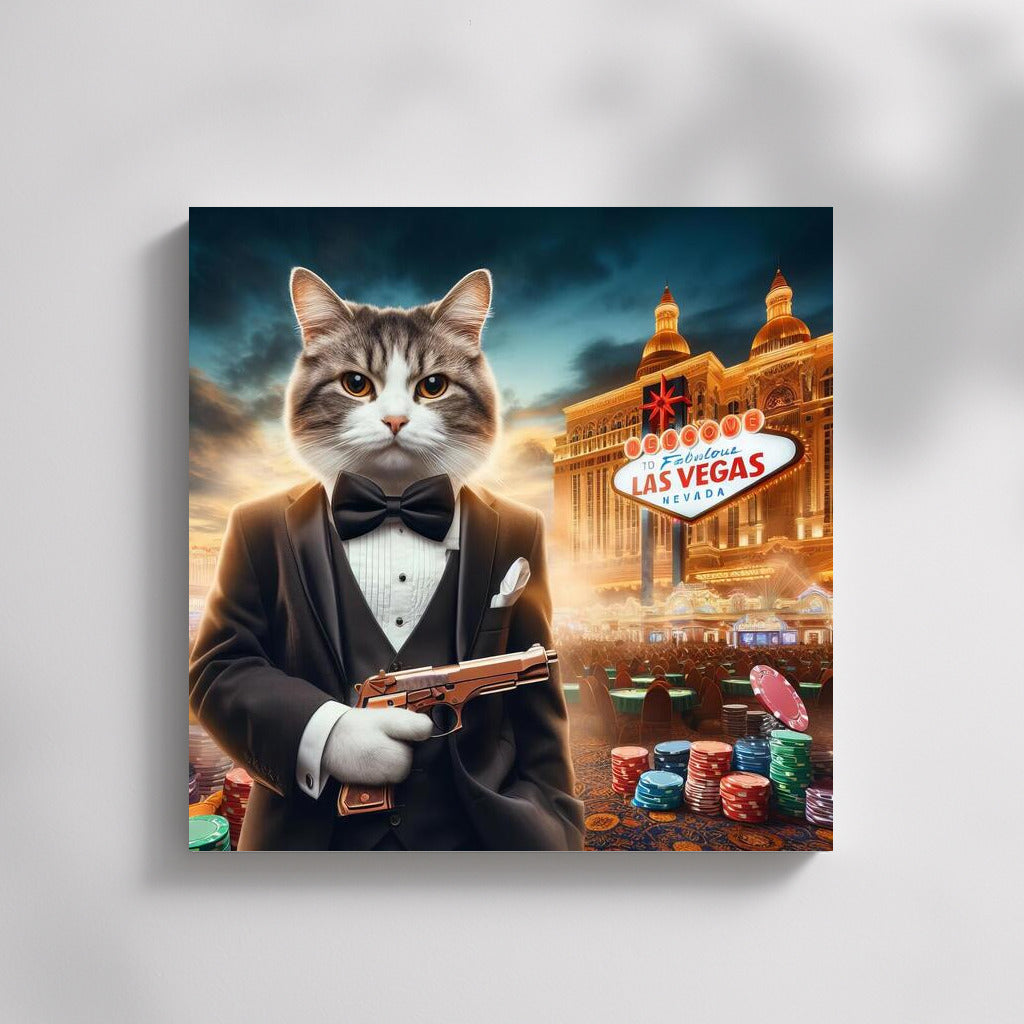 Bengal Agent 007: Cat in Tuxedo with Gun on Casino Backdrop